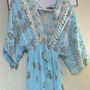 Blue Maxi Dress with Leaf Pattern